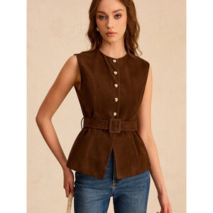 Commense Suede Effect Vest with Belt in Dark Brown